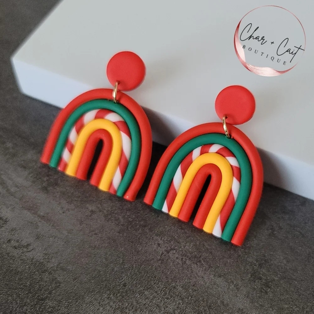 Handmade Christmas-Themed Rainbow Clay Dangle Earrings